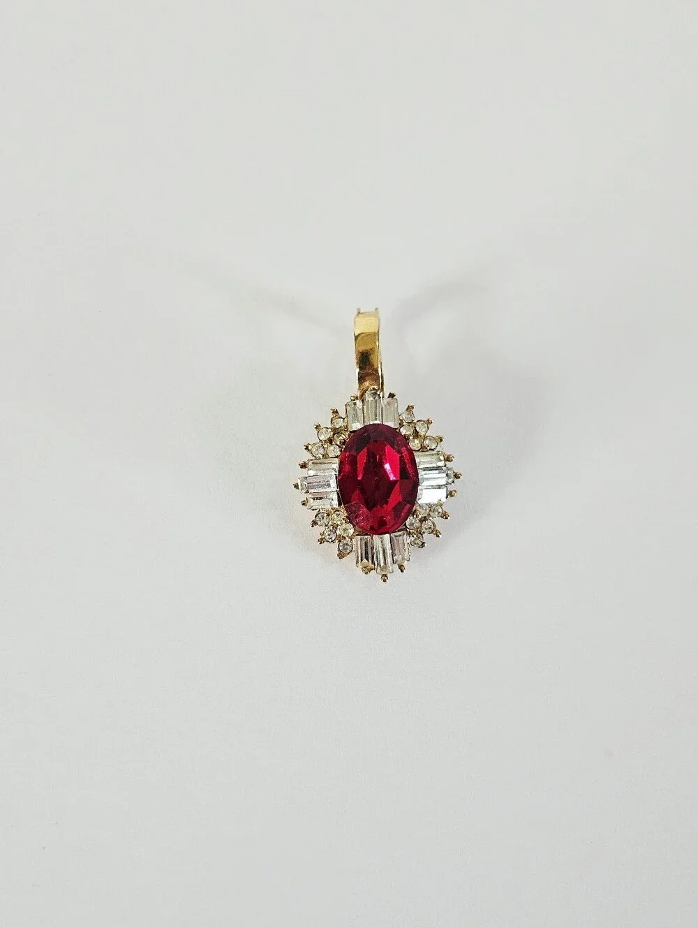 Vintage Red Rhinestone Baguette Cluster Ballerina Gold Tone Enhancer Pendant